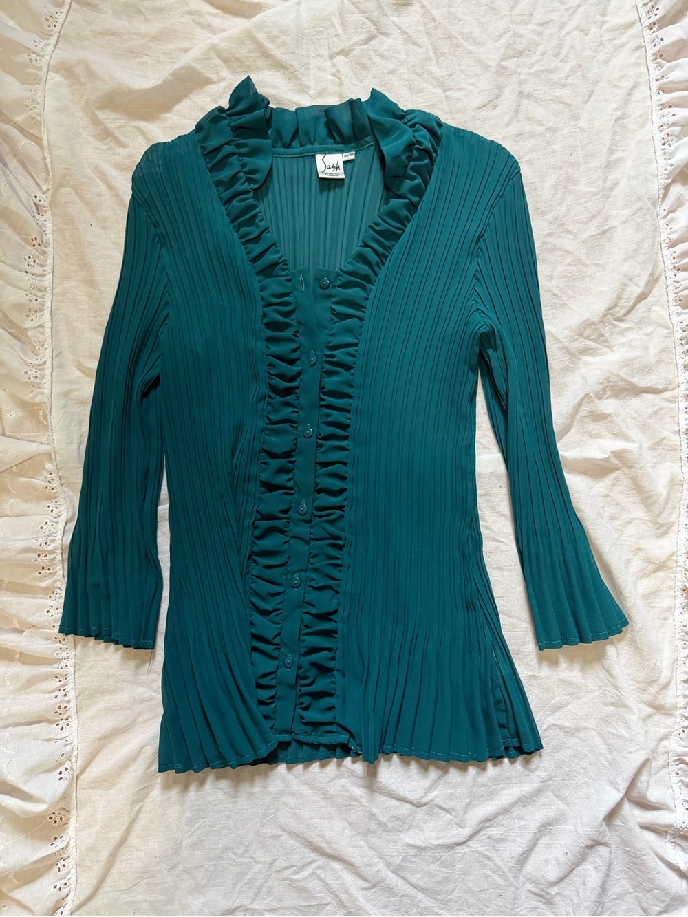 Sasha Teal Ruffled Pleated Button-Up top